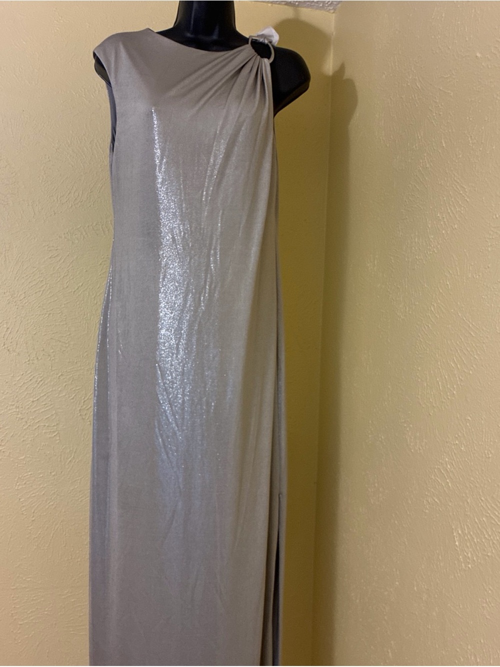 Ralph Lauren Metallic Silver One-Shoulder Maxi Dress with Ring Detail